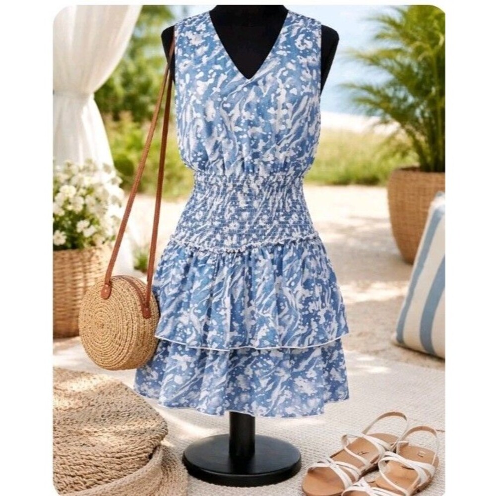 Entro Blue White Ethereal Smocked Waist Tiered Ruffled Mini Dress Sz L Romantic